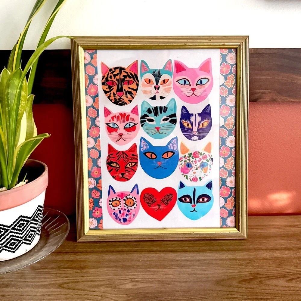 Eclectic Cat Faces Colorful Maximalist Moody Floral Art Print Gold Framed Art